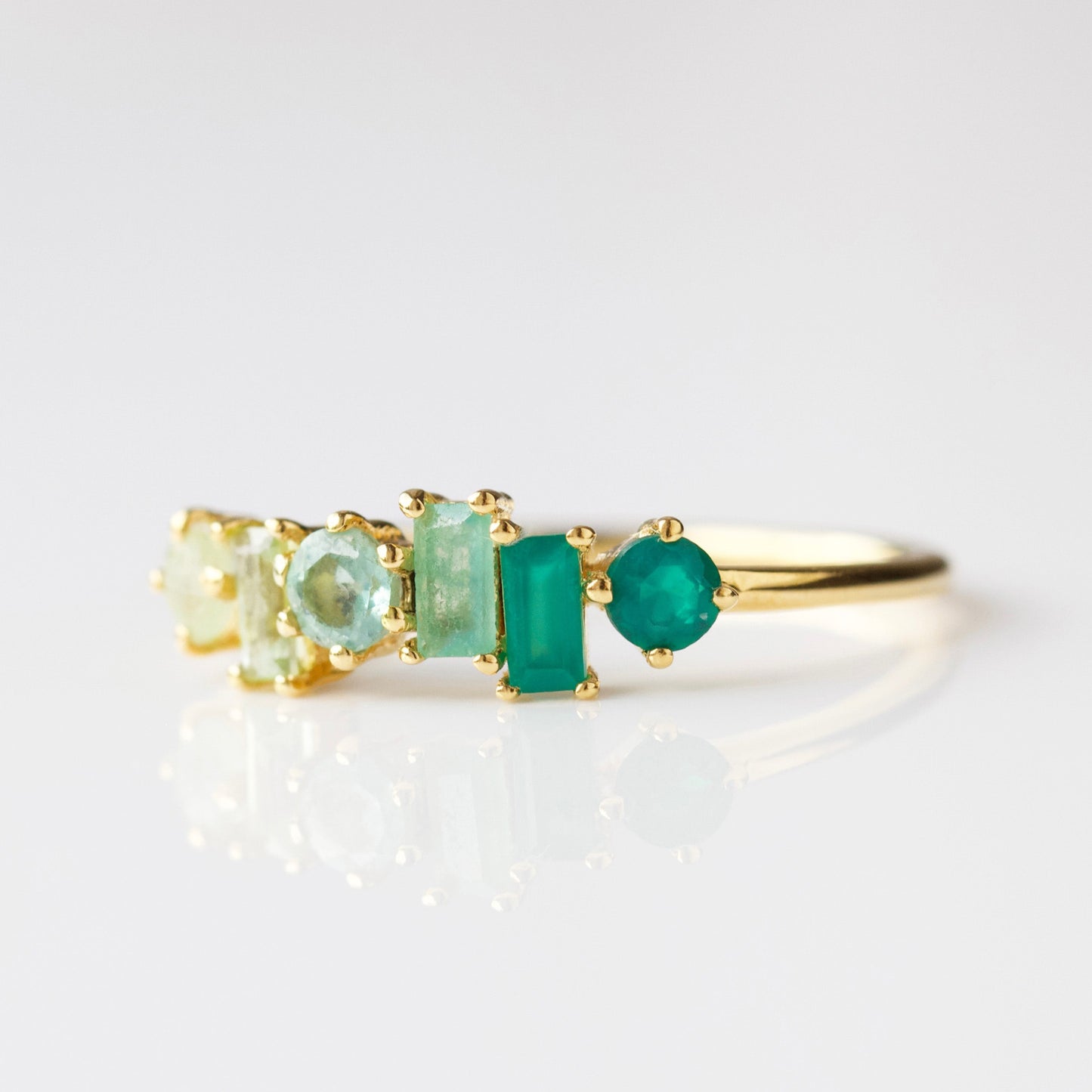 green ombre mixed gemstone ring in gold