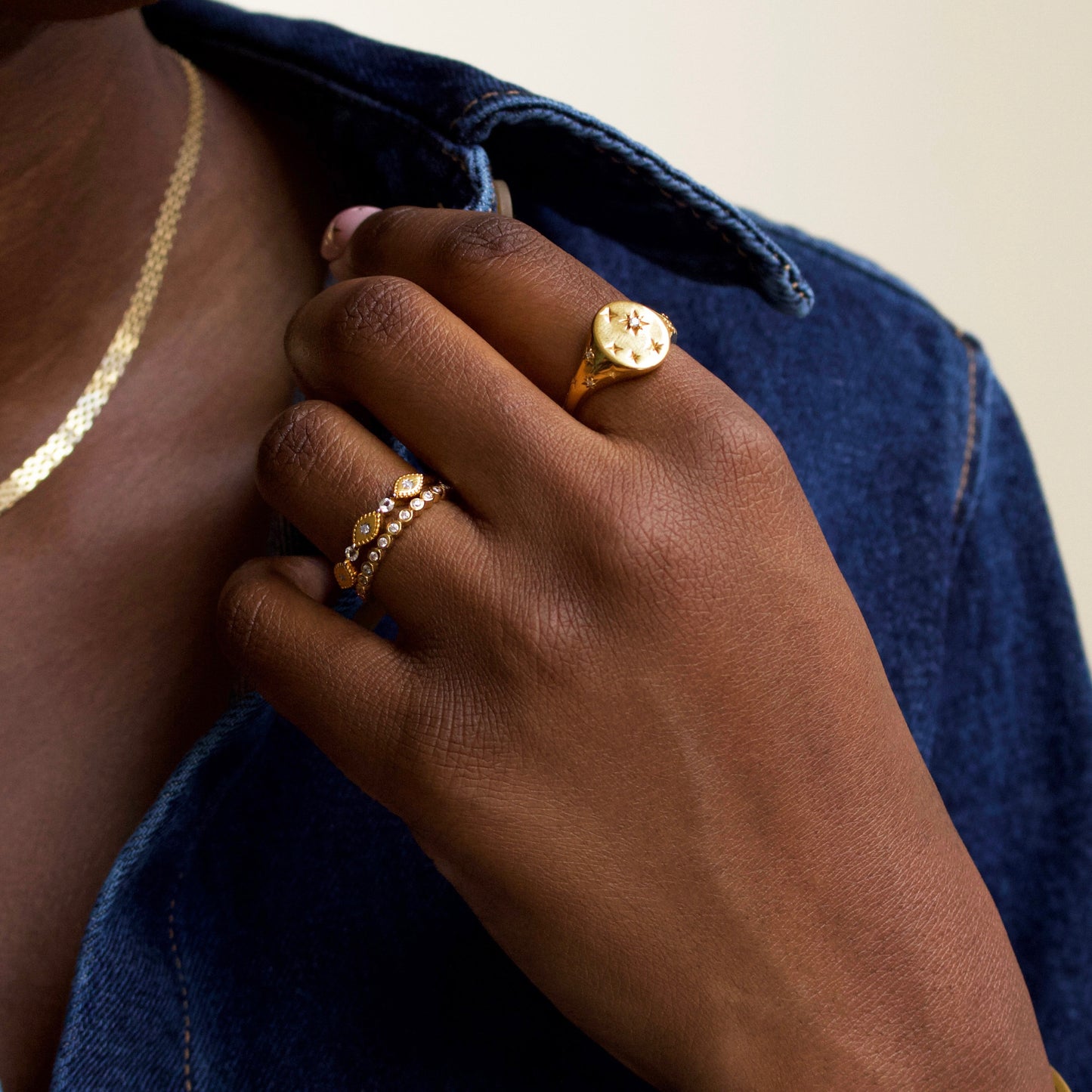 diamond and cz trapeze evil eye ring in gold