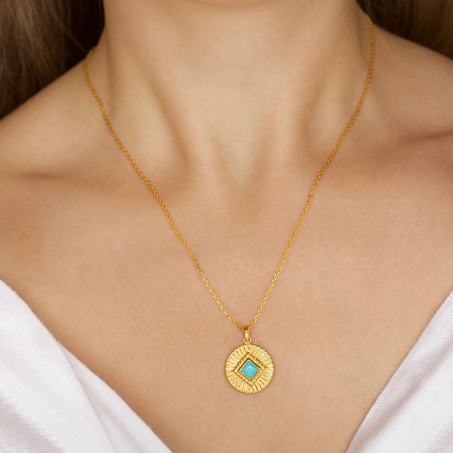 Turquoise sunray coin necklace in gold vermeil