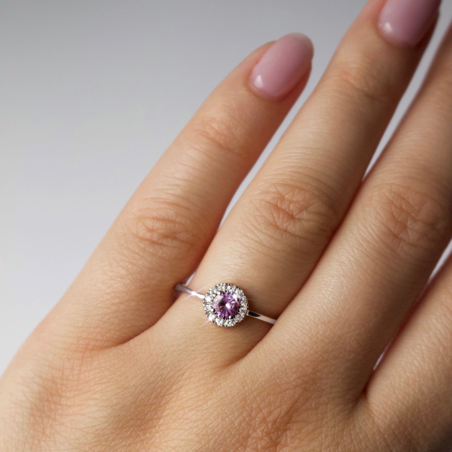 SAMPLE SALE- Pink Sapphire and Diamond Ring in 9k Solid White Gold- Size UK M