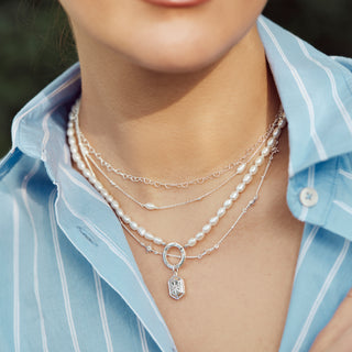 celestial cz front facing clasp pearl necklace in silver