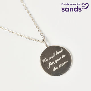 "We will look for you in the stars" Coin Necklace with Crescent Moon Charm