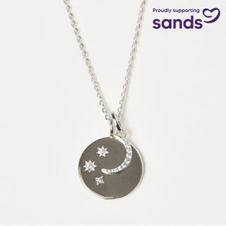 "We will look for you in the stars" Coin Necklace with Crescent Moon Charm