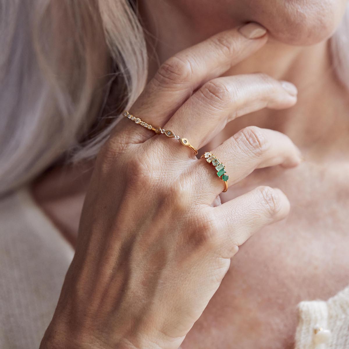green ombre mixed gemstone ring in gold
