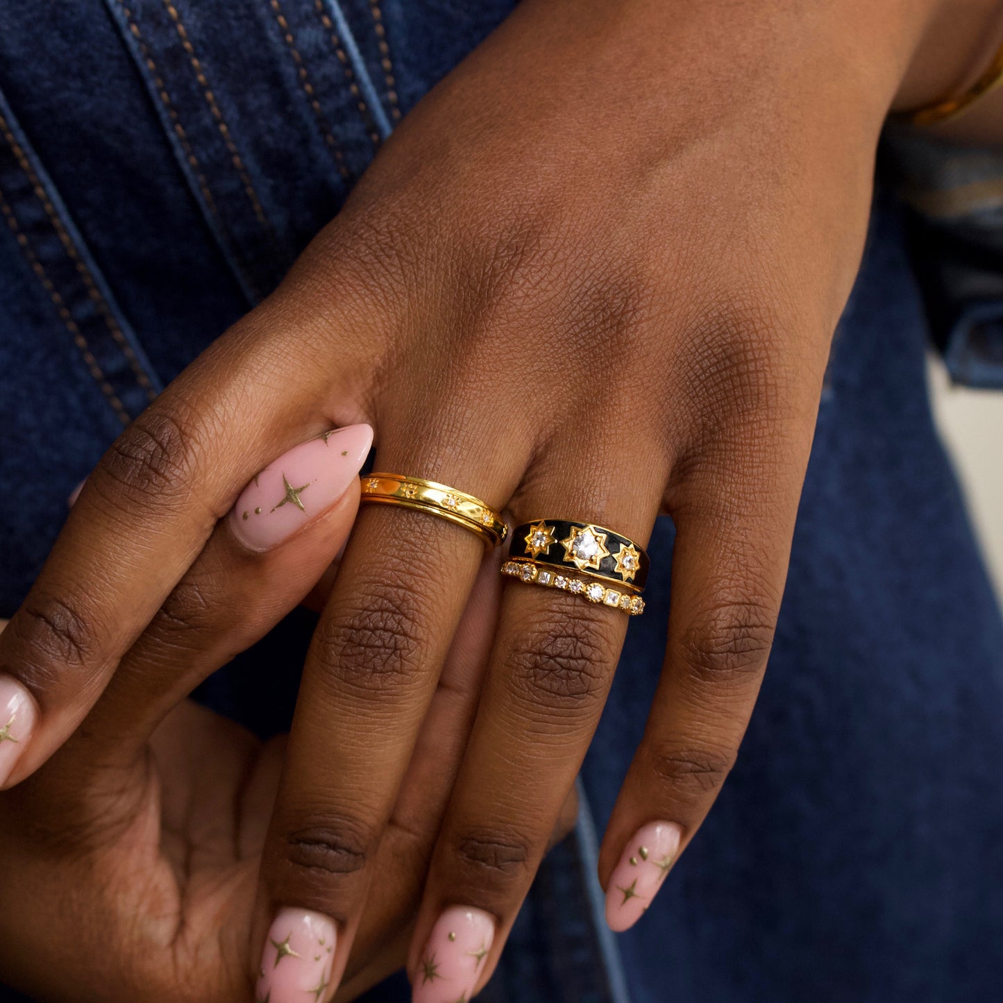 black enamel cz star ring in gold