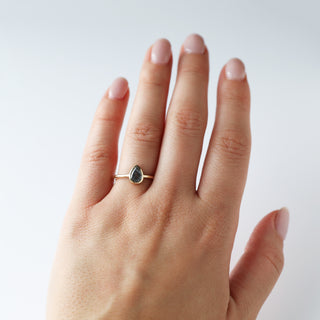 Exclusive Carrie Elizabeth Salt and Pepper Pear Diamond Ring Bezel set pear