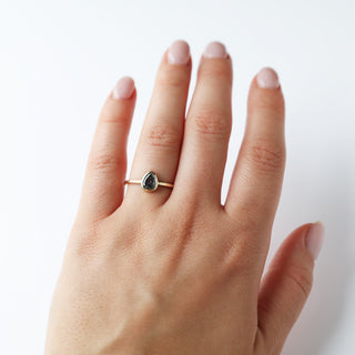 Exclusive Carrie Elizabeth Salt and Pepper Pear Diamond Ring Bezel set pear solitaire