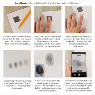 Step-by-step guide on how to create a fingerprint transfer using a soft pencil, clear sticky tape, and white paper.