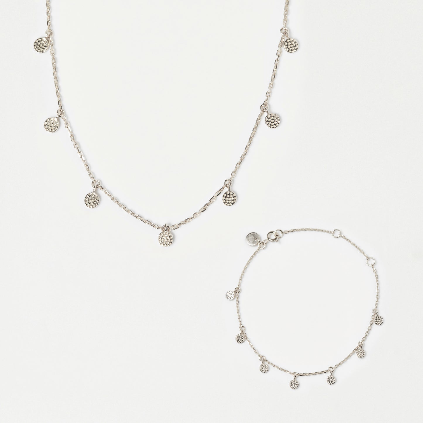 hanging coin necklace and bracelet set in silver