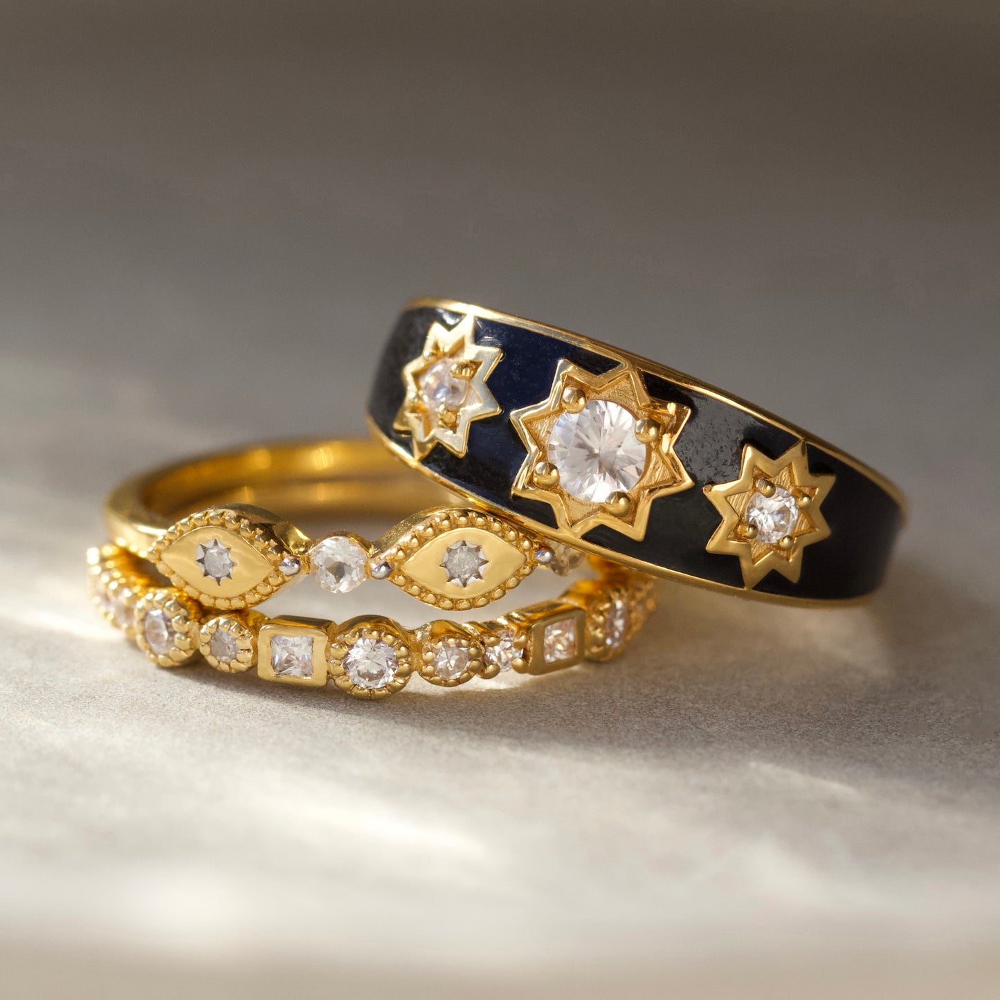 black enamel cz star ring in gold