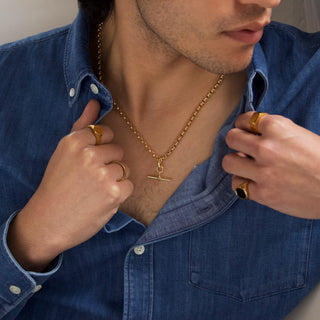 mens rolo chain with t bar in gold