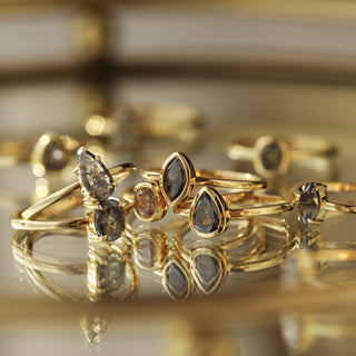 Carrie Elizabeth salt and pepper solitaire exclusive solid gold rings