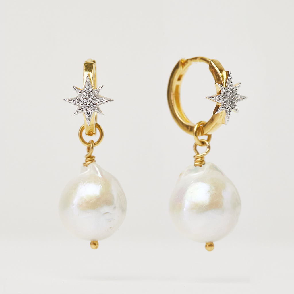 Starburst Star With Dangling Baroque Pearl Drop Earrings in
