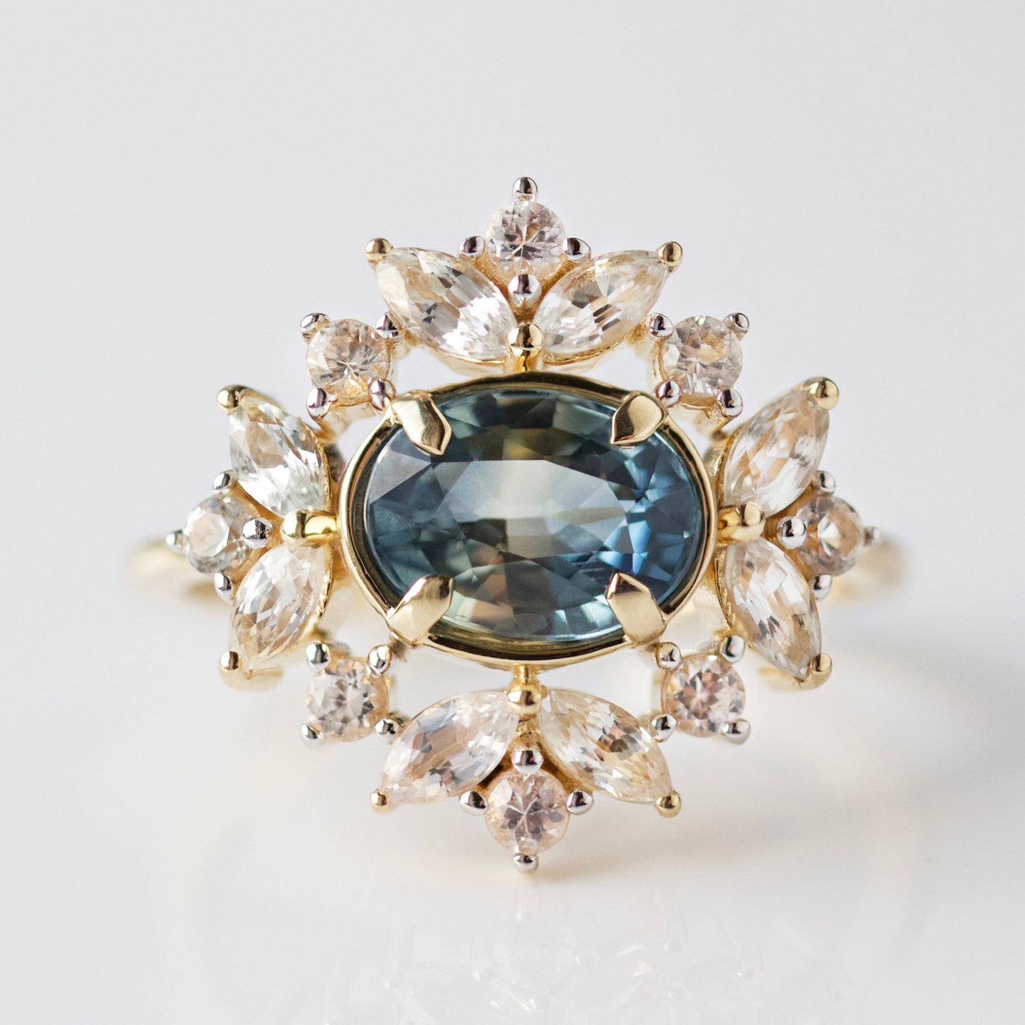 carrie Elizabeth solid gold exclusive engagement ring in teal & white sapphire
