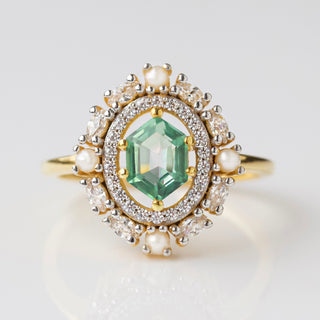 Garden Party Fern Green Topaz & Pearl Halo Vintage Ring