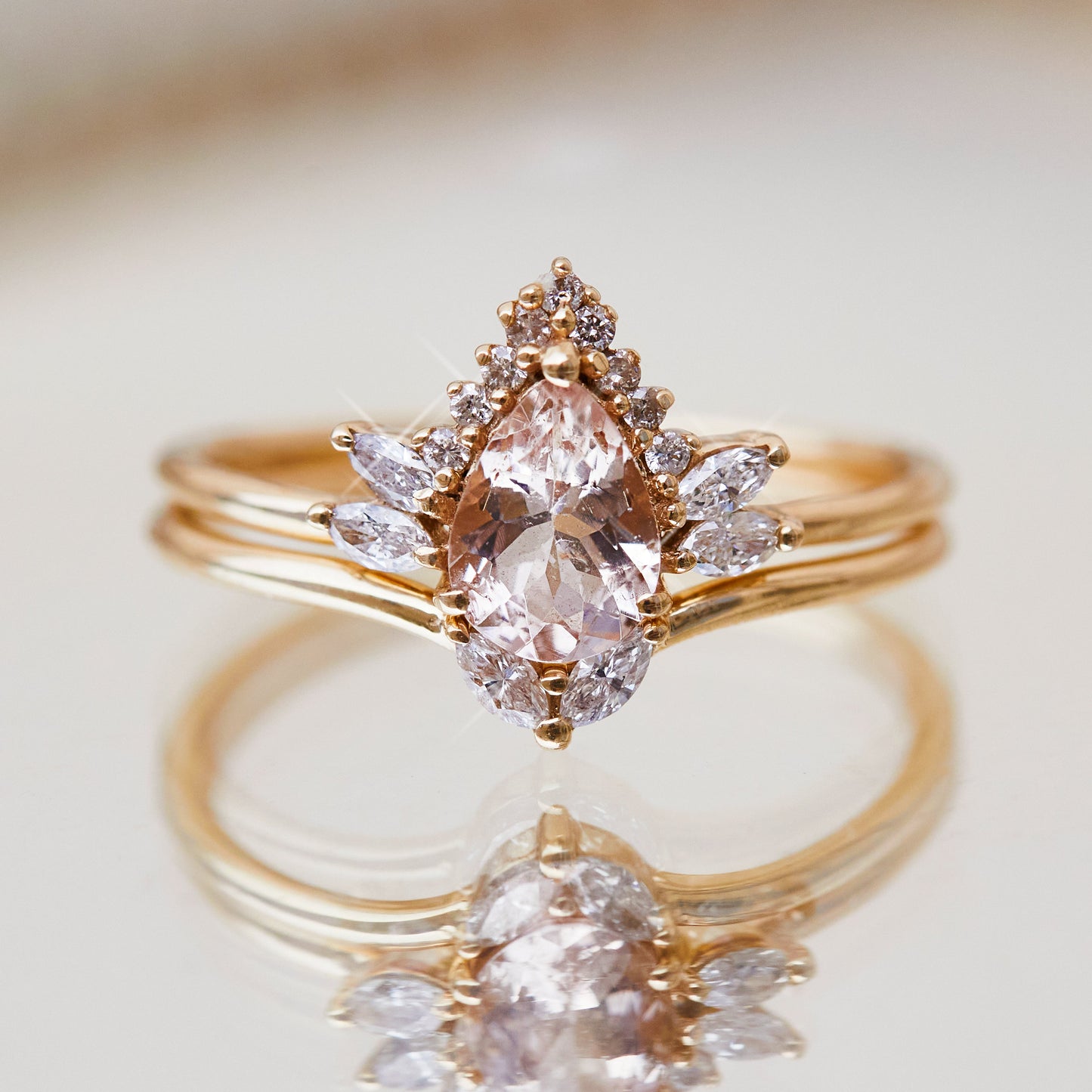 Morganite & Diamond Ring Set In 14k Solid Yellow Gold - Ring - Carrie Elizabeth