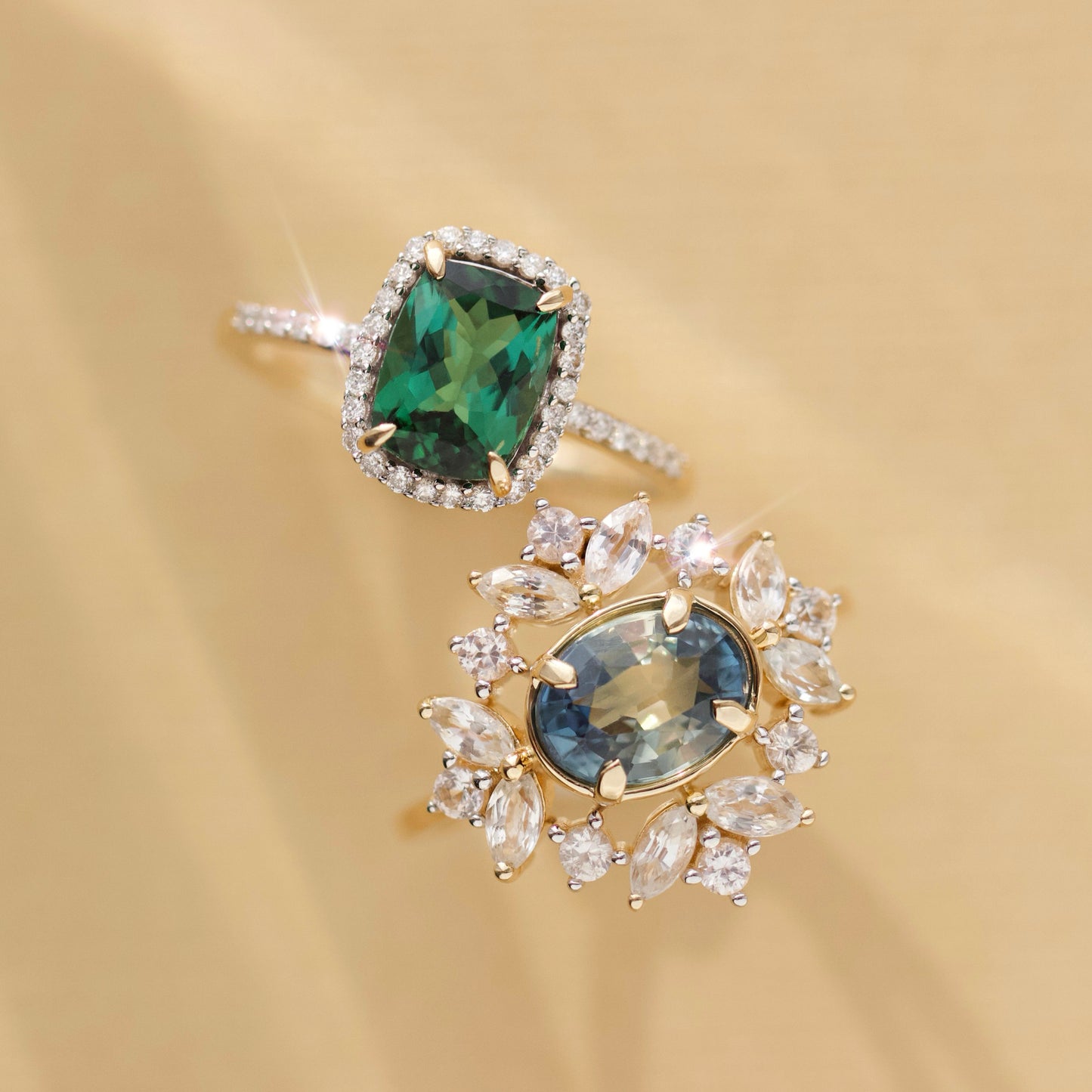 carrie Elizabeth solid gold exclusive engagement ring in teal & white sapphire