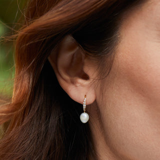 Carrie elizabeth pearl and pave drop hoops in gold vermeil