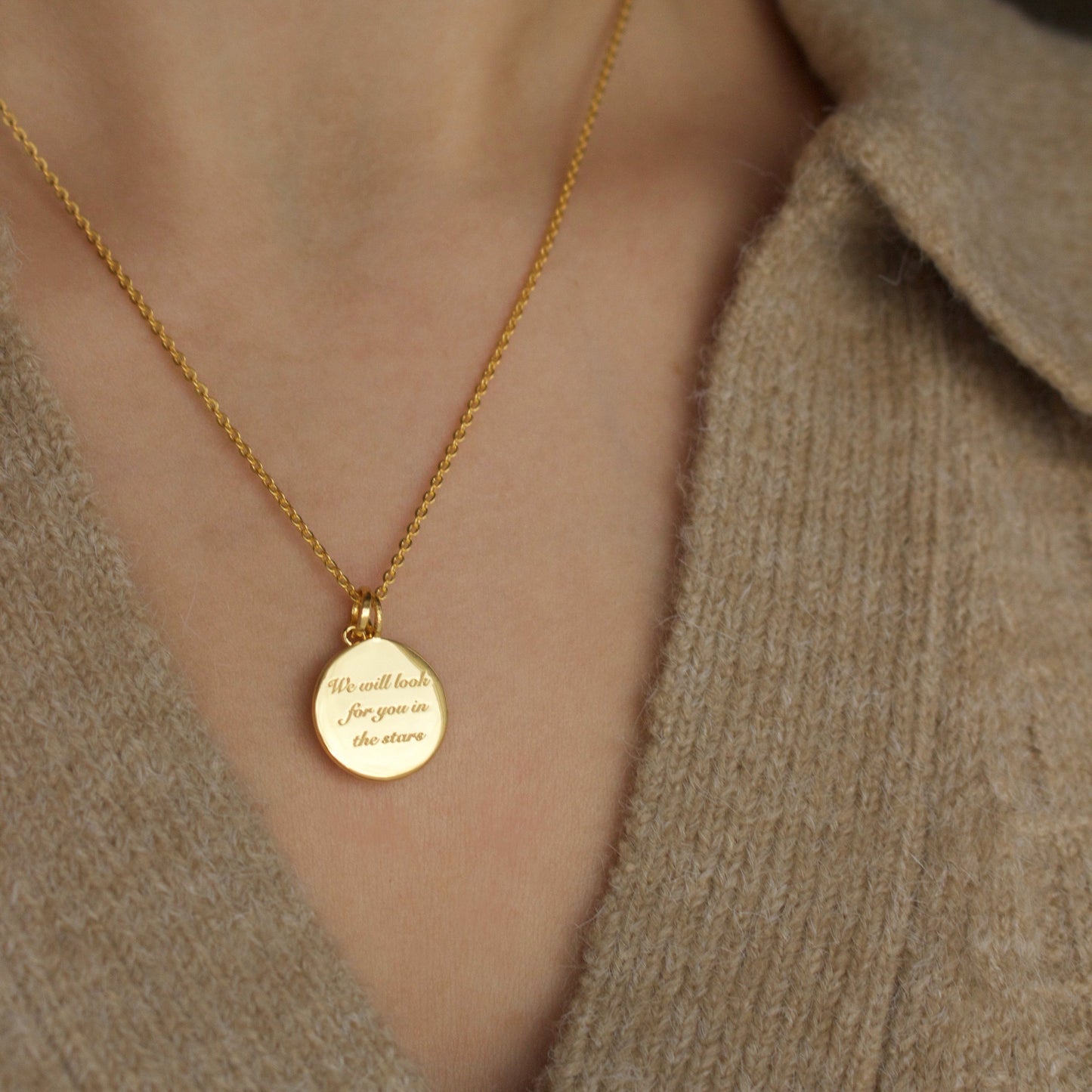 14k Gold Plated "We will look for you in the stars" Coin Necklace with Crescent Moon Charm Necklace Pink City