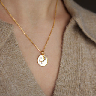 14k Gold Plated "We will look for you in the stars" Coin Necklace with Crescent Moon Charm Necklace Pink City