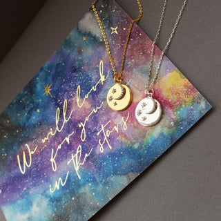 Sterling Silver "We will look for you in the stars" Coin Necklace with Crescent Moon Charm Necklace Pink City