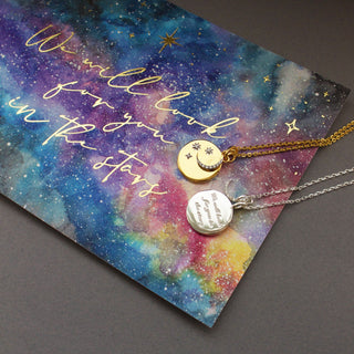 14k Gold Plated "We will look for you in the stars" Coin Necklace with Crescent Moon Charm Necklace Pink City