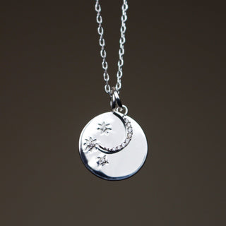 Sterling Silver "We will look for you in the stars" Coin Necklace with Crescent Moon Charm Necklace Pink City