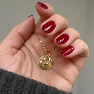 14k Gold Plated "We will look for you in the stars" Coin Necklace with Crescent Moon Charm Necklace Pink City