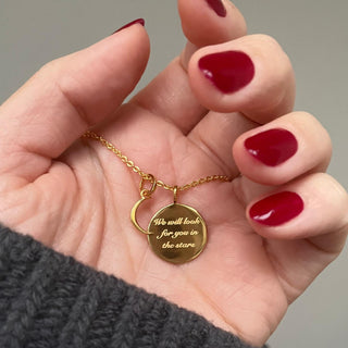 14k Gold Plated "We will look for you in the stars" Coin Necklace with Crescent Moon Charm Necklace Pink City