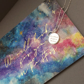 Sterling Silver "We will look for you in the stars" Coin Necklace with Crescent Moon Charm Necklace Pink City