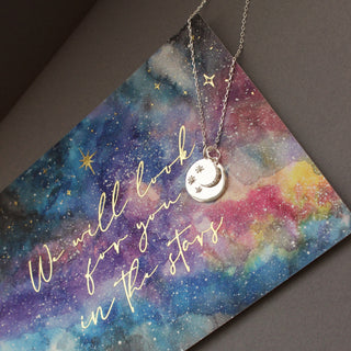 Sterling Silver "We will look for you in the stars" Coin Necklace with Crescent Moon Charm Necklace Pink City