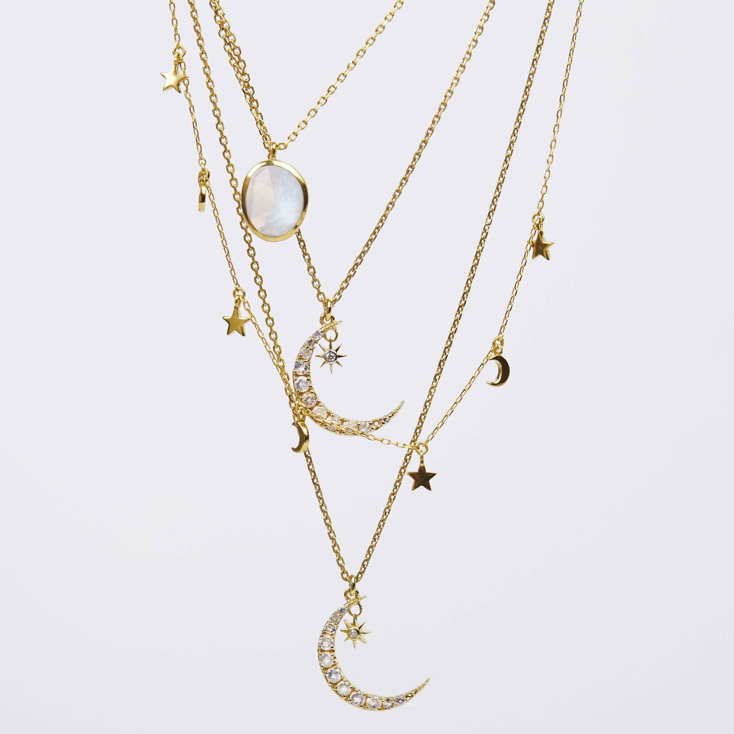 14k Gold Vermeil Crescent Moon Pendant in Moonstone & Diamond 18