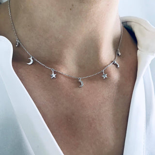 Sterling Silver Mini Hanging Charm Necklace in Moon & Stars  16", Best Seller, Bestseller, Cosmos, necklace, Silver, under-80