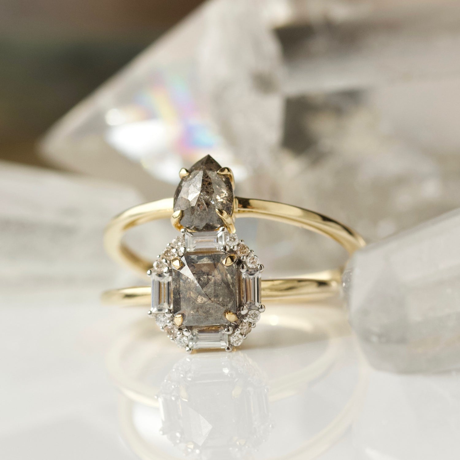 Carrie Elizabeth Pear Salt and Pepper Diamond ring