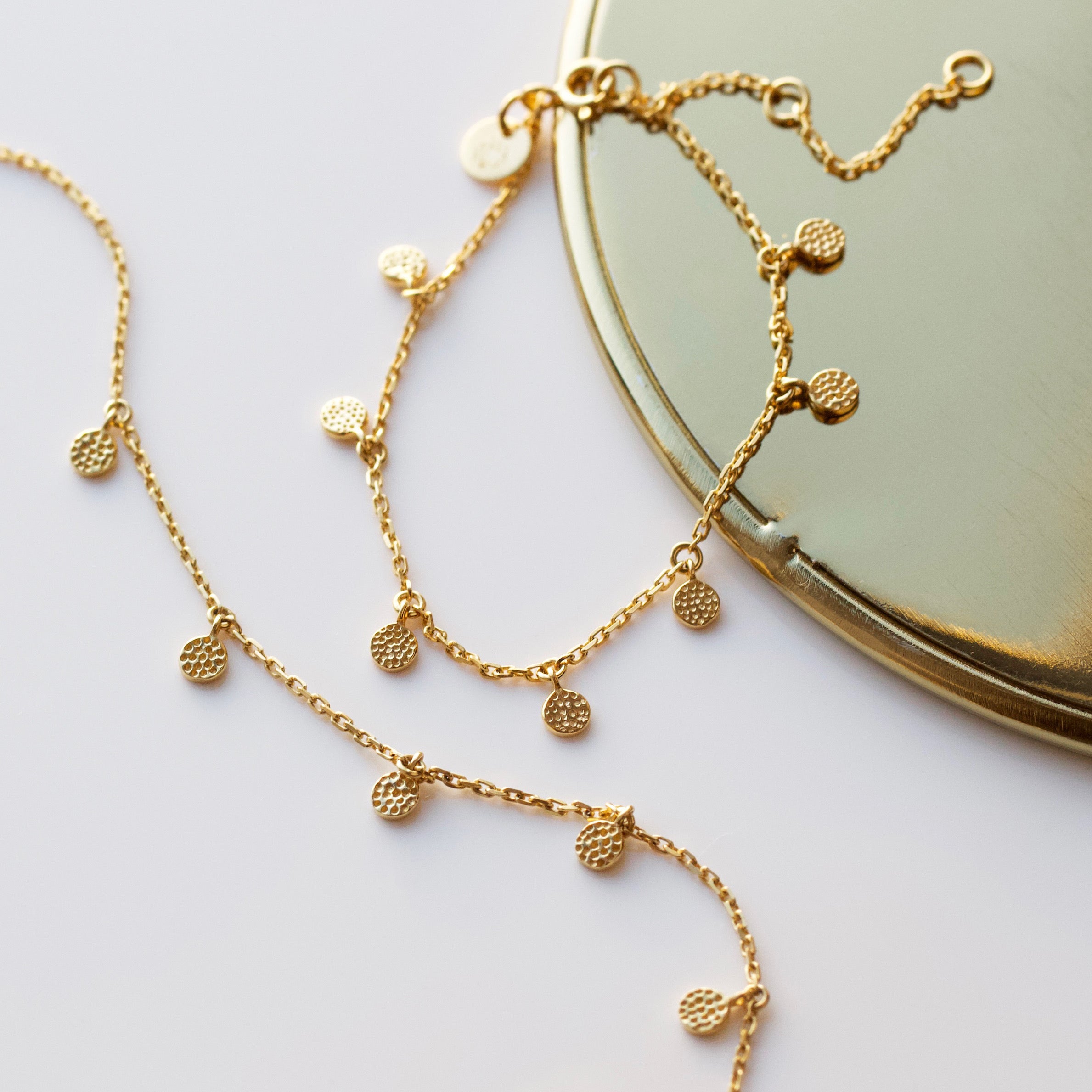 hanging coin necklace and bracelet set in gold