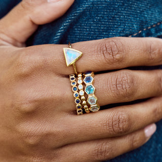 blue hexagon gemstone ring in gold