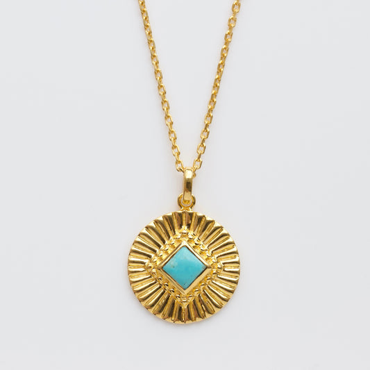 Turquoise sunray coin necklace in gold vermeil