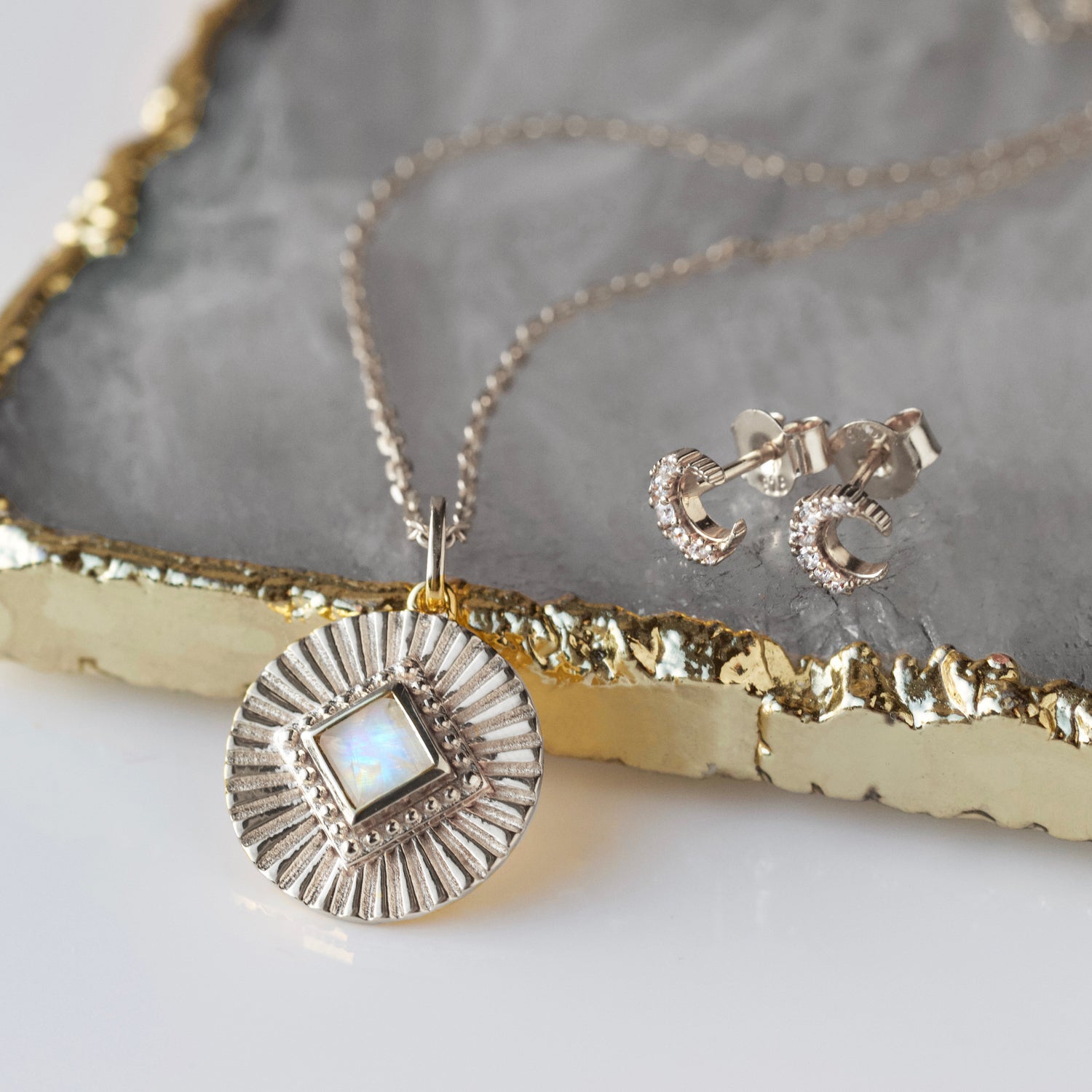 moonstone necklace and celestial stud earring gift set silver