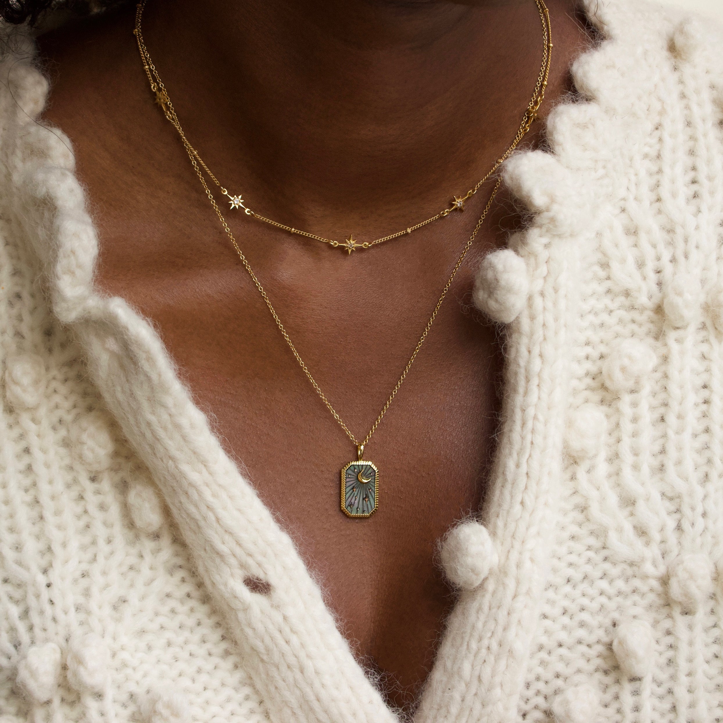 Black Mother of pearl tarot card necklace in gold