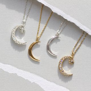 Moonstone & Diamond Crescent Moon Necklace