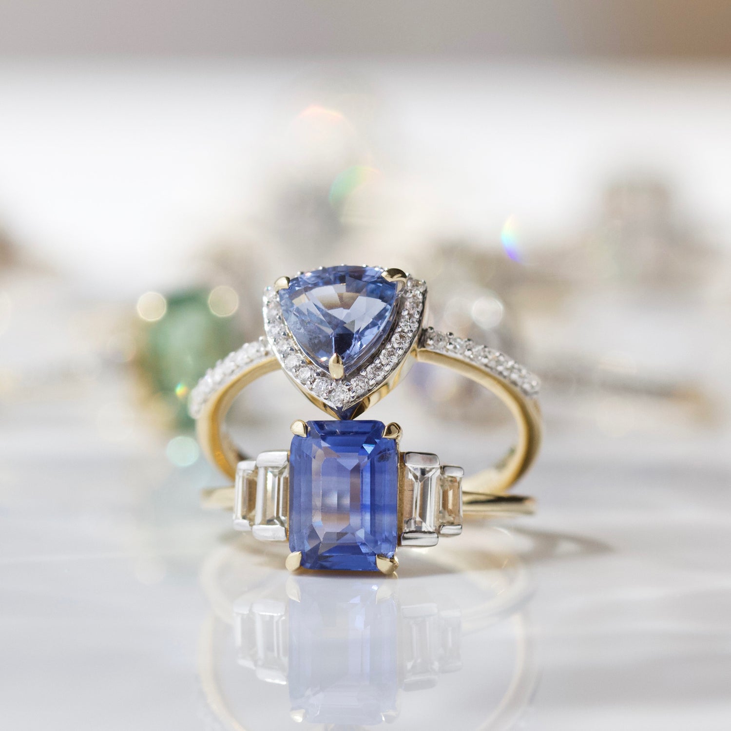 Exclusive blue sapphire and diamond engagement ring in solid gold