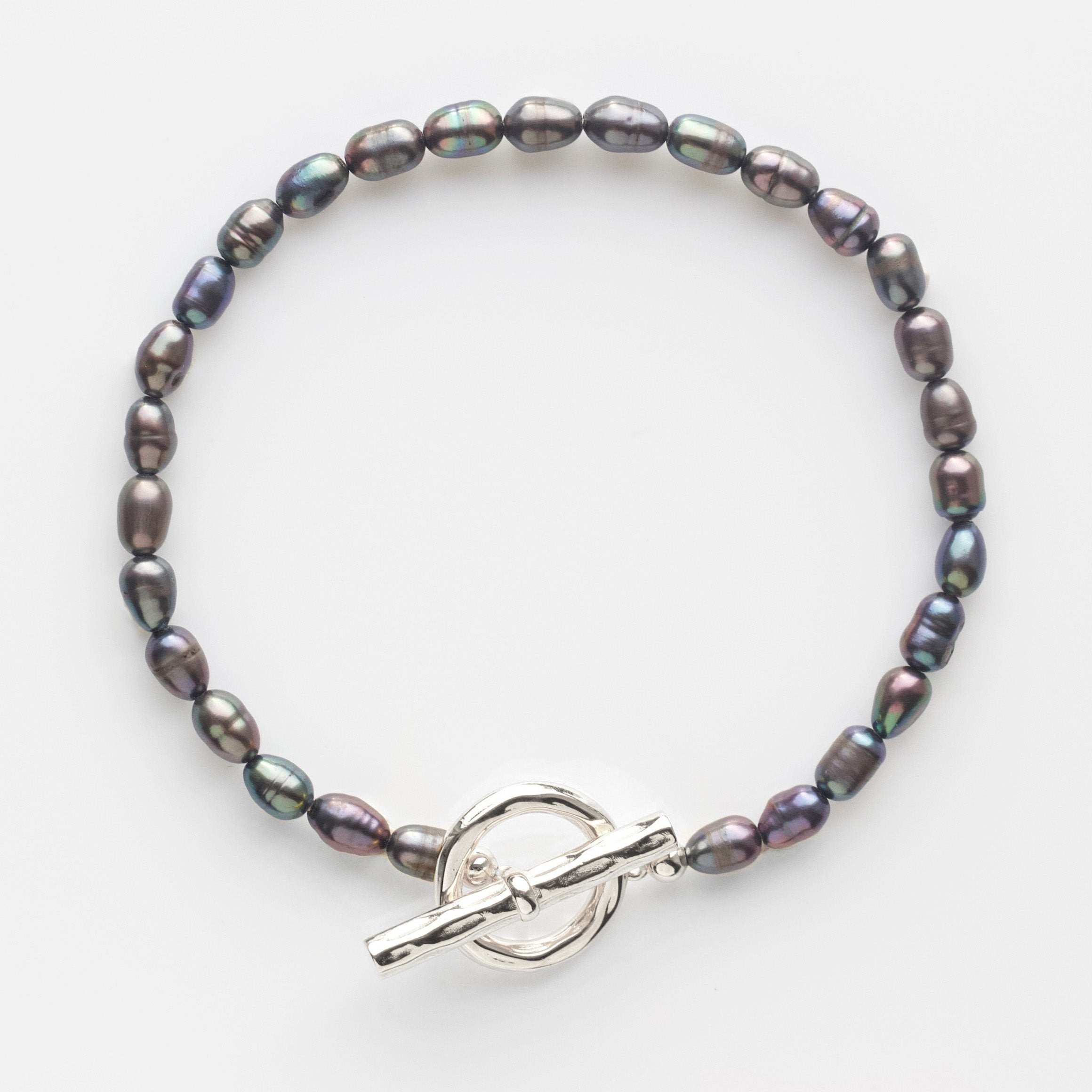 black pearl t bar bracelet in silver
