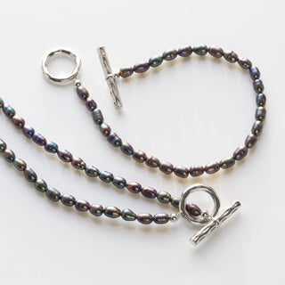 black pearl t bar necklace in silver