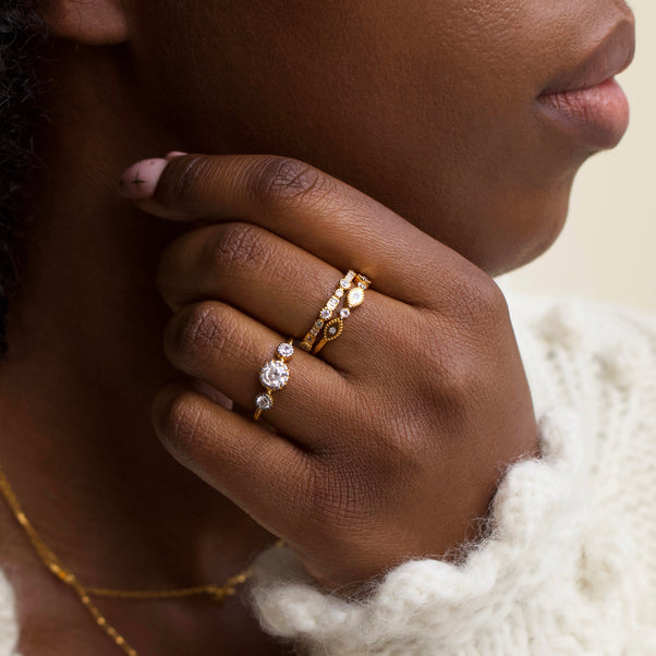 mixed stone and shape diamond and cz eternity ring in gold