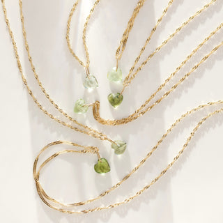 light green heart tourmaline necklace in solid 9k yellow gold