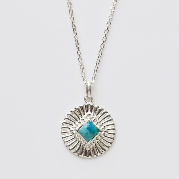 turquoise sunray coin necklace in silver