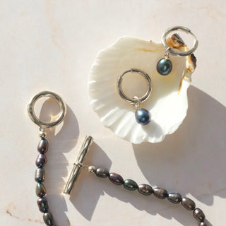 pearl drop hoop earrings in silver