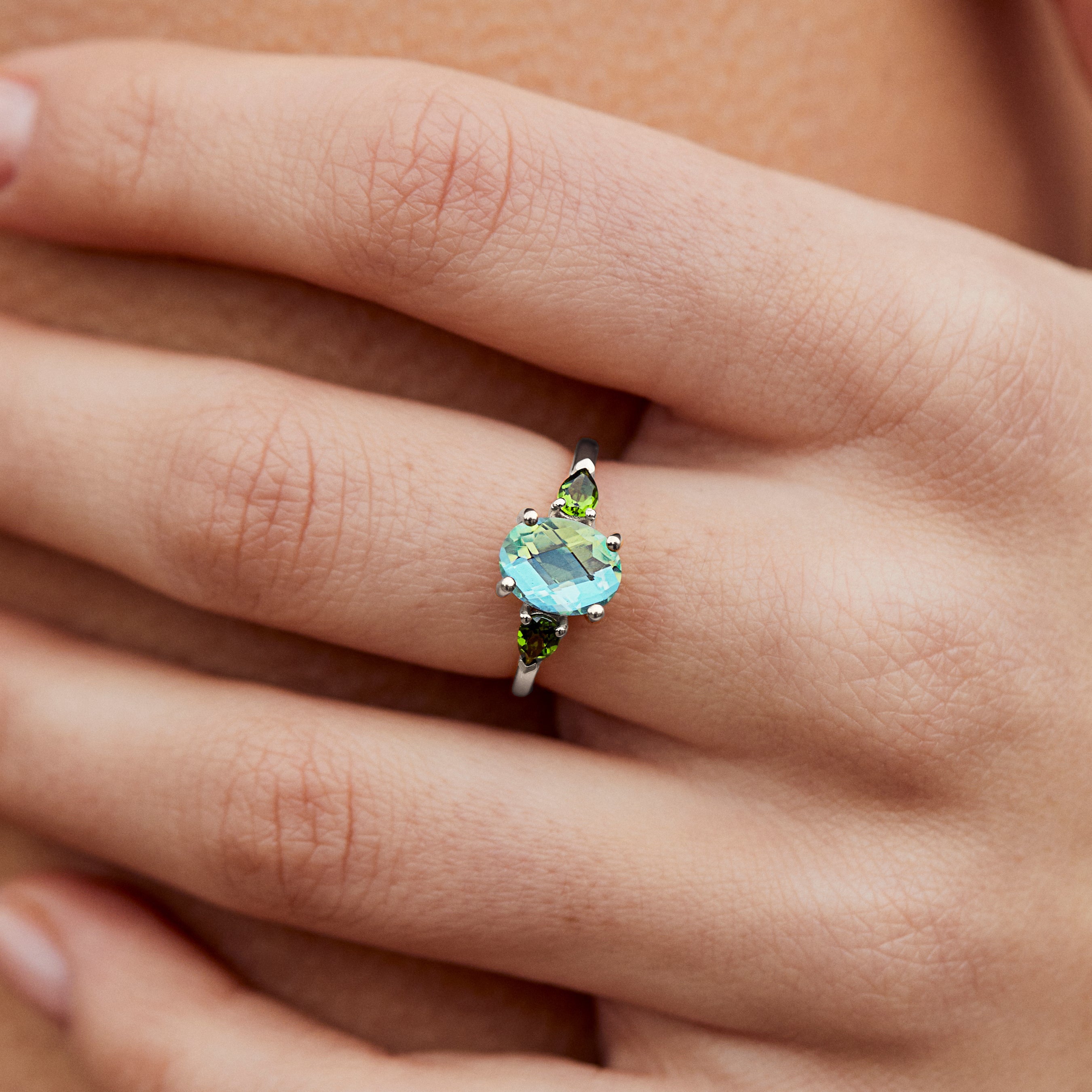 silver blue and green gemstone ring