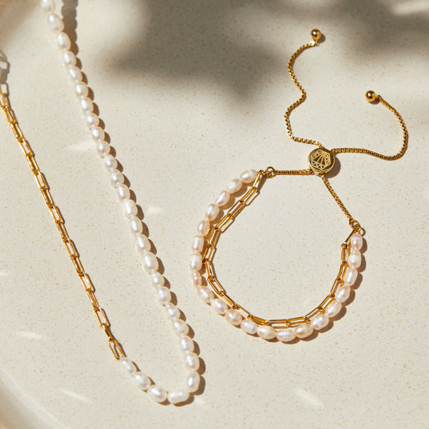 zoe sugg intentions lucky pearl and chain bracelet in gold