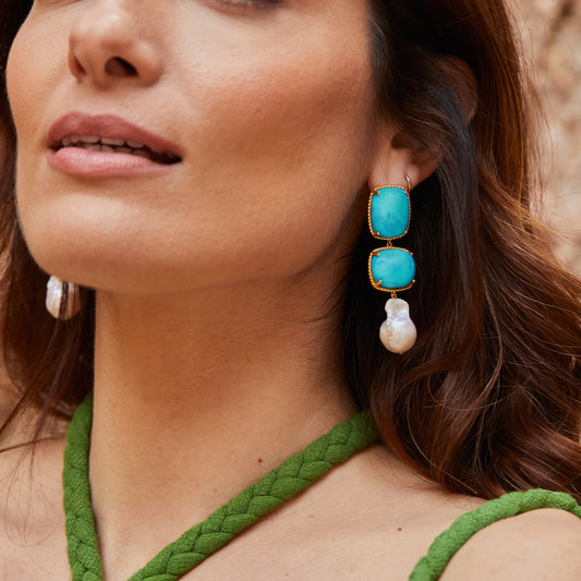 Santorini Tibetan Turquoise & Baroque Pearl Statement Earrings